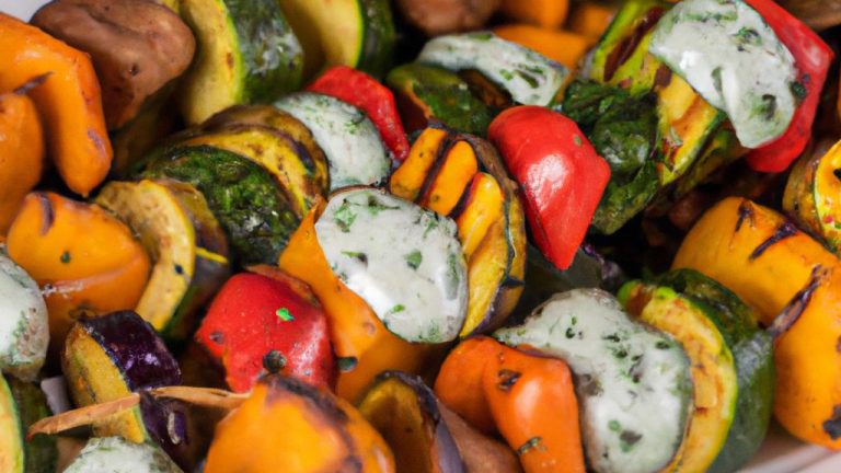 Espetinhos de legumes grelhados com molho tzatziki