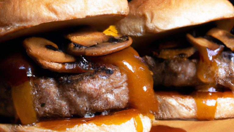 Hambúrgueres com cogumelos e cebolas caramelizadas