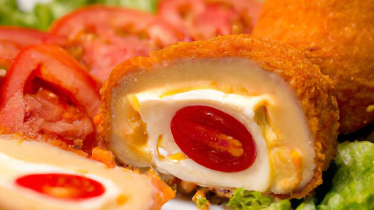 Quibe de calabresa Recheado com queijo, ovos e tomate.
