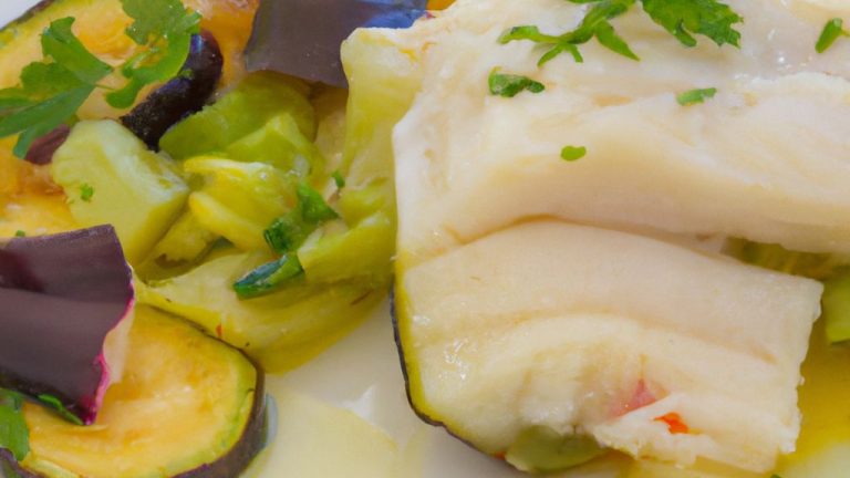 Receita de Bacalhau Desfiado com Berinjela, Abobrinha e Aspargos Frescos