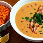 Camarões, lulas e salmão ao creme de lentilhas