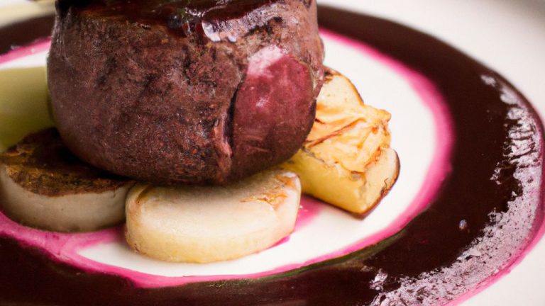 Receita de Medalhão de Filet Mignon com Molho de Mirtilo, purê de castanha portuguesa e radicchio grelhado